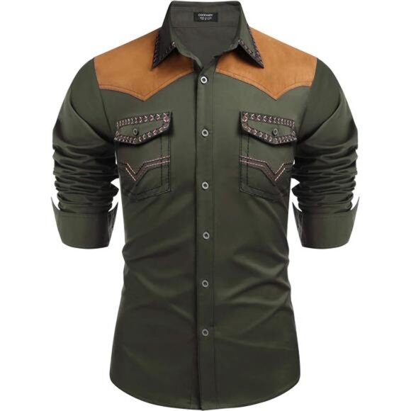 Men's Western Cowboy Shirt Army Green - Picture 1 of 6